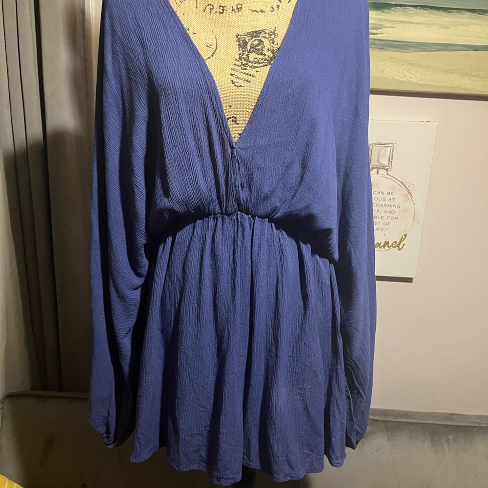 Deep Blue V-Neck Long Sleeve Tunic Swimsuit Coverup Size XL